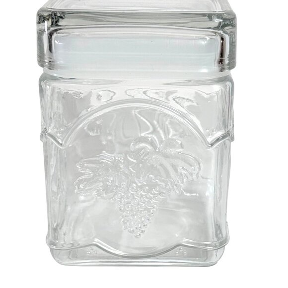 Square Clear Glass Jar Embossed Fruit Design Airtight Lid Storage Decoration - Picture 1 of 16
